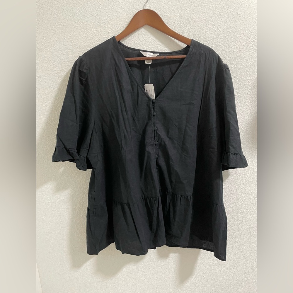 New CJ banks linen blend Chic Black V-Neck Blouse